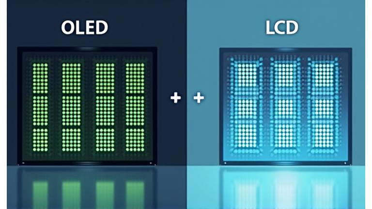Uzskatāma diagramma, kas salīdzina OLED un LCD ekrānu tehnoloģijas, izceļot gaismas avotus un pikseļu struktūru.