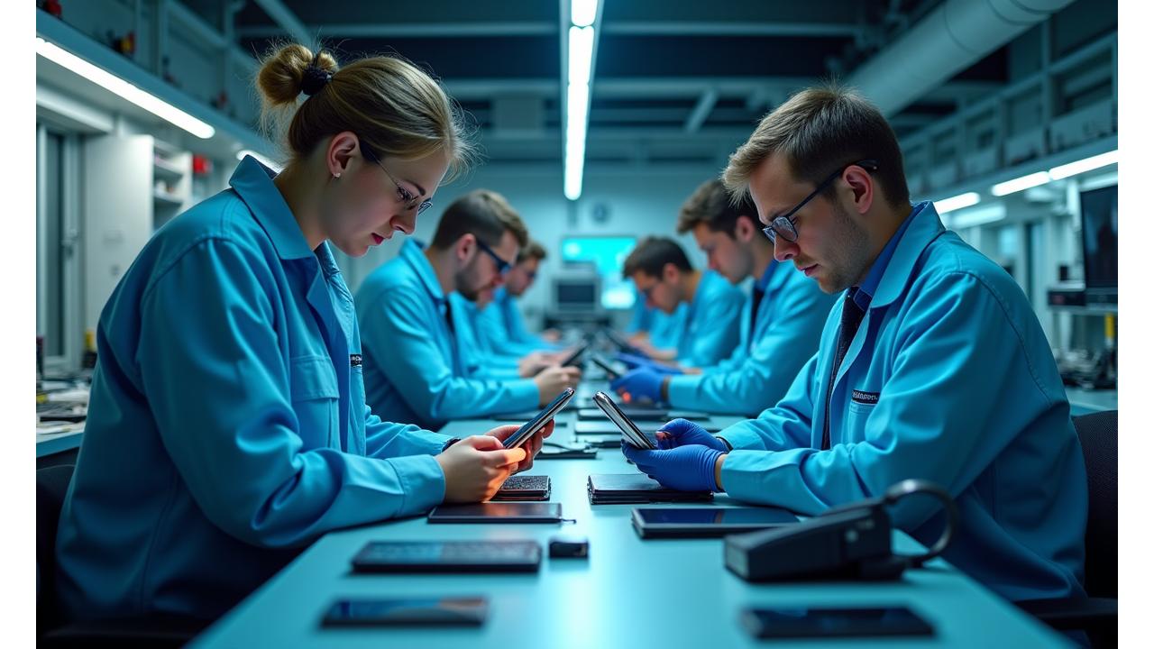 Servisa centra interjers ar tehniķiem, kas strādā pie elektronikas ierīcēm, modernā un efektīvā vidē