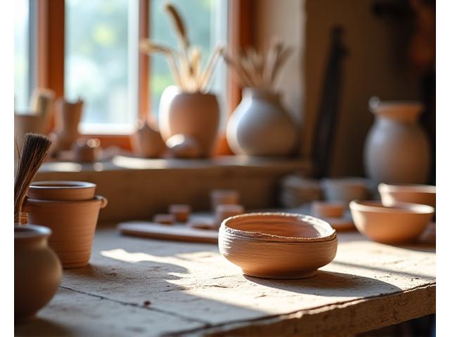 Keramikas un stikla darbnīca ar tradicionāliem instrumentiem un amatnieku pie darba