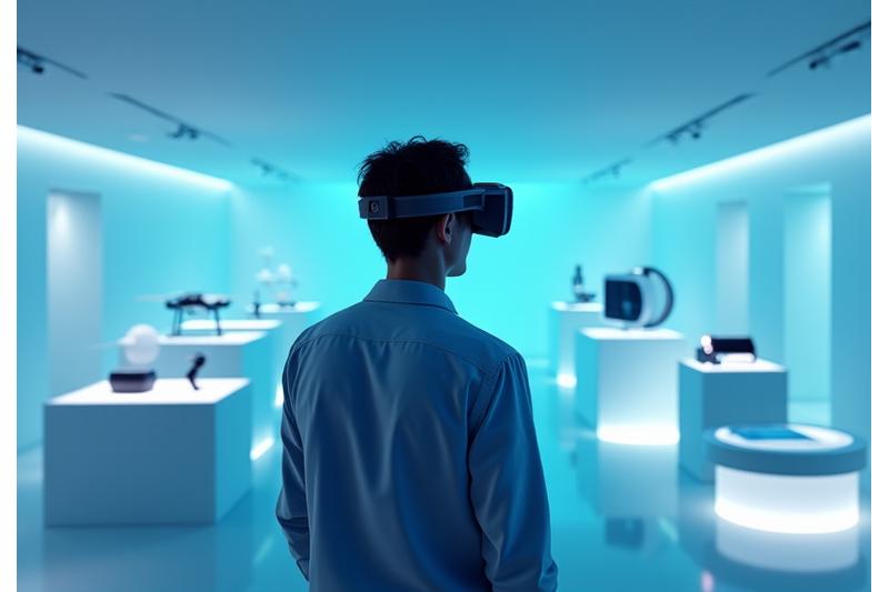 Cilvēks ar VR brillēm pastaigājas pa virtuālu izstāžu zāli, kurā ir elektroniskie produkti.