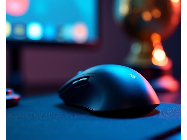 Augstas veiktspējas gaming pele ar uzvarētāja trofeju fonā