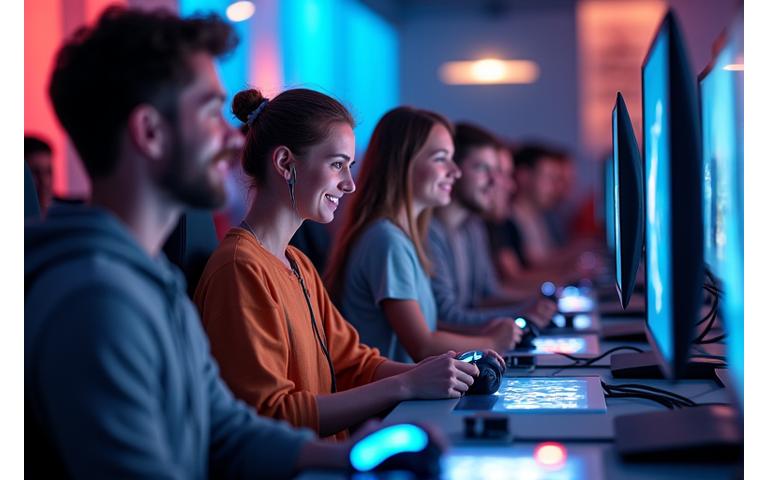 Līksmi gaming entuziasti tiekas spēļu pasākumā ar perifērijas ierīču stendiem