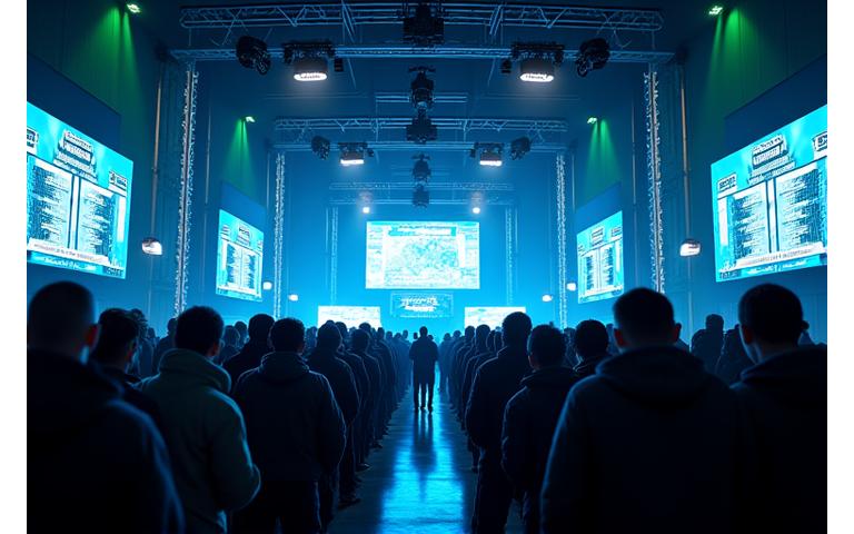 Lieli ekrāni, kas parāda e-sporta turnīru rezultātus, fona aktivitātes