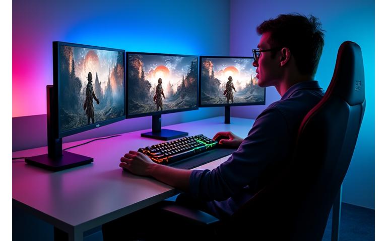 Pilnvērtīga premium gaming battlestation ar vairākiem monitoriem un RGB apgaismojumu