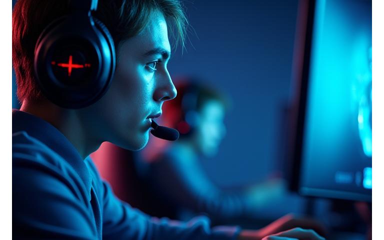 Profesionāls e-sporta spēlētājs, kas spēlē ar mūsu augstākās klases aprīkojumu, ar skaidru zīmola logotipu