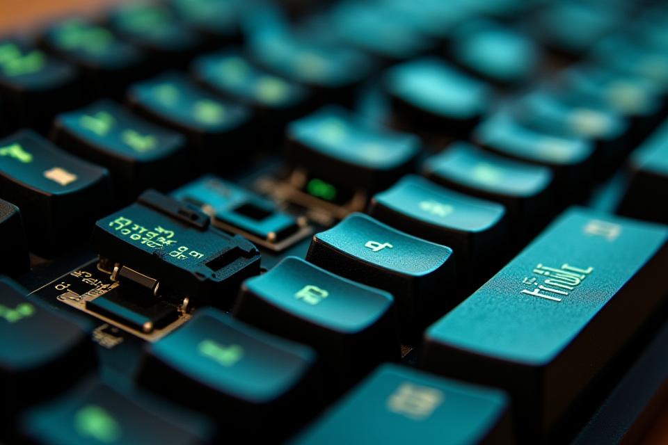 Tālummaiņas skats uz mehānisko tastatūru ar pārbaudītiem slēdžiem un diagrammām