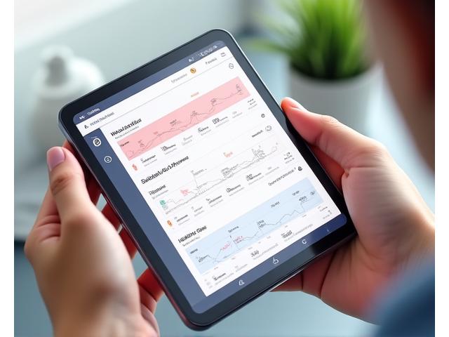 Digitāls veselības informācijas panelis ar grafikiem un rādītājiem uz viedtālruņa ekrāna.